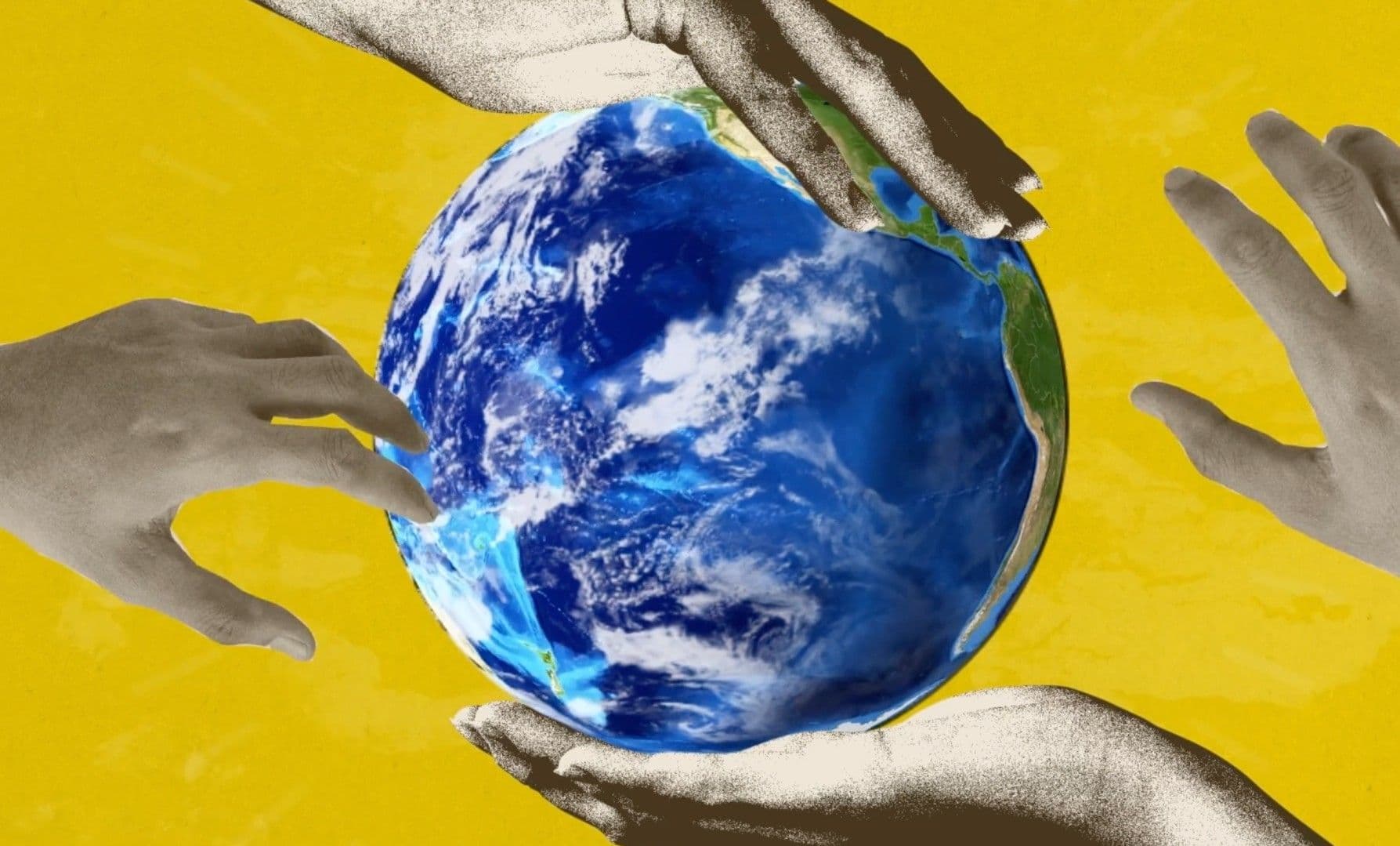 Four halftone-processed hands reach in from different directions to touch and cradle a vivid photorealistic globe against a bold yellow background. The image is both collaborative and contested, many hands on the same world, with different intentions.