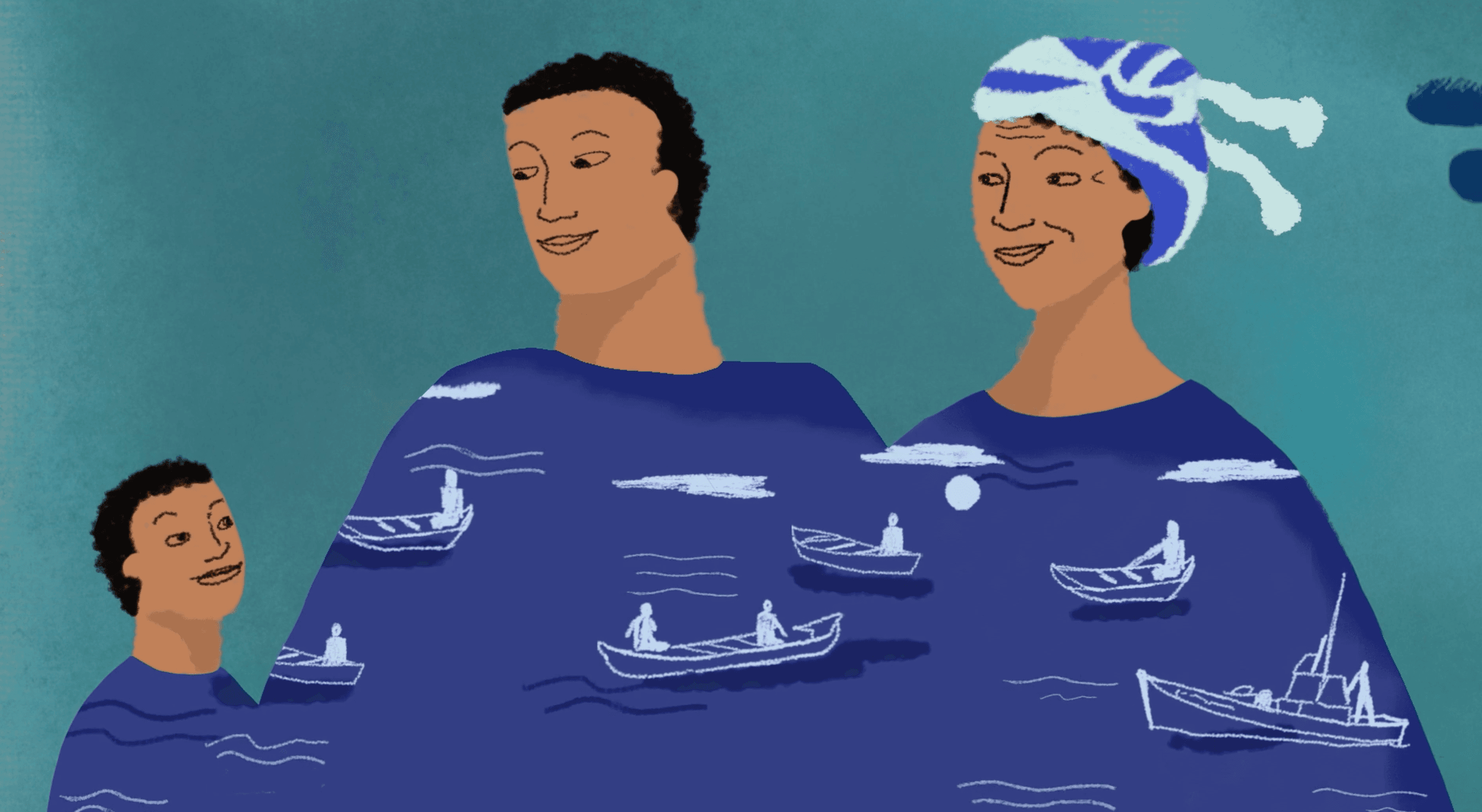 Three illustrated figures, a man, a woman in a blue headwrap, and a child, stand together, their blue robes patterned with fishing boats and ocean waves. The family portrait radiates warmth and rootedness, their identity inseparable from the sea.