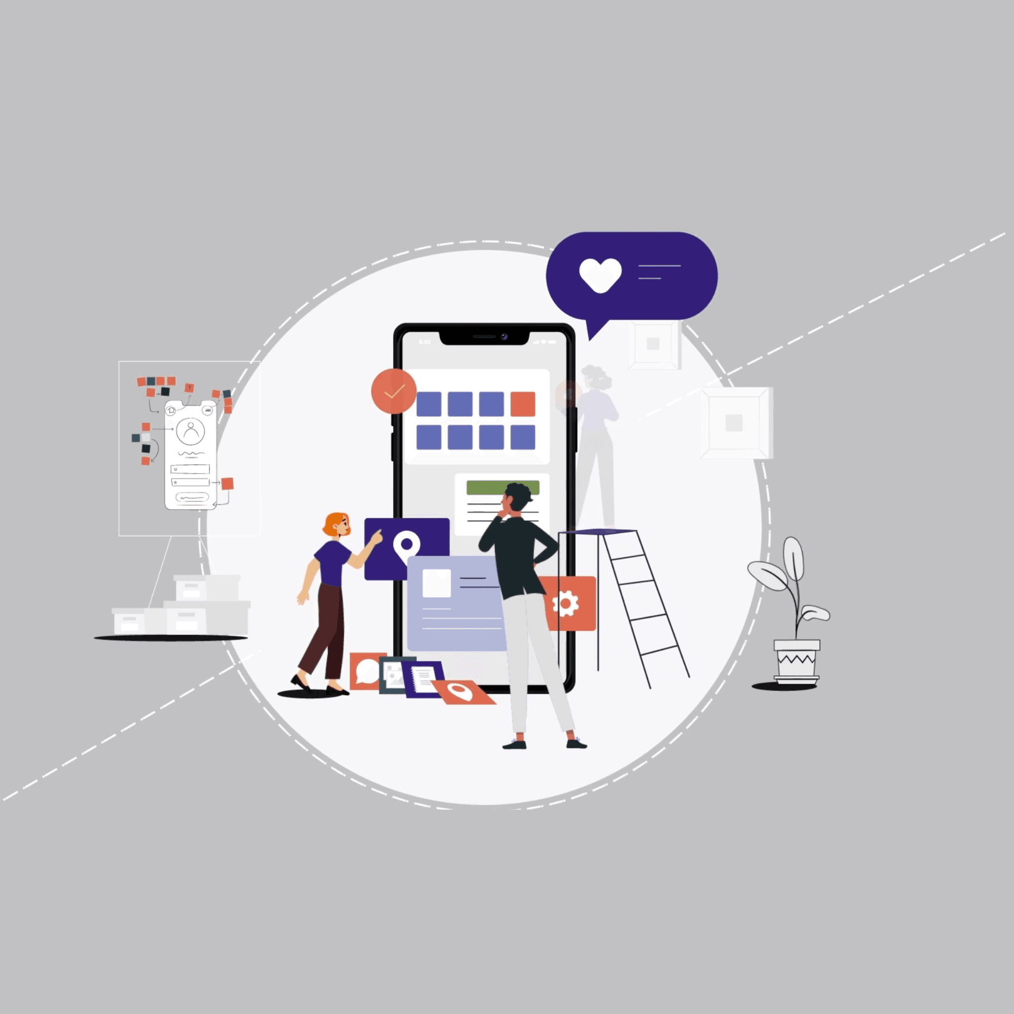 Illustration of two people building a mobile app interface with UI components and icons
