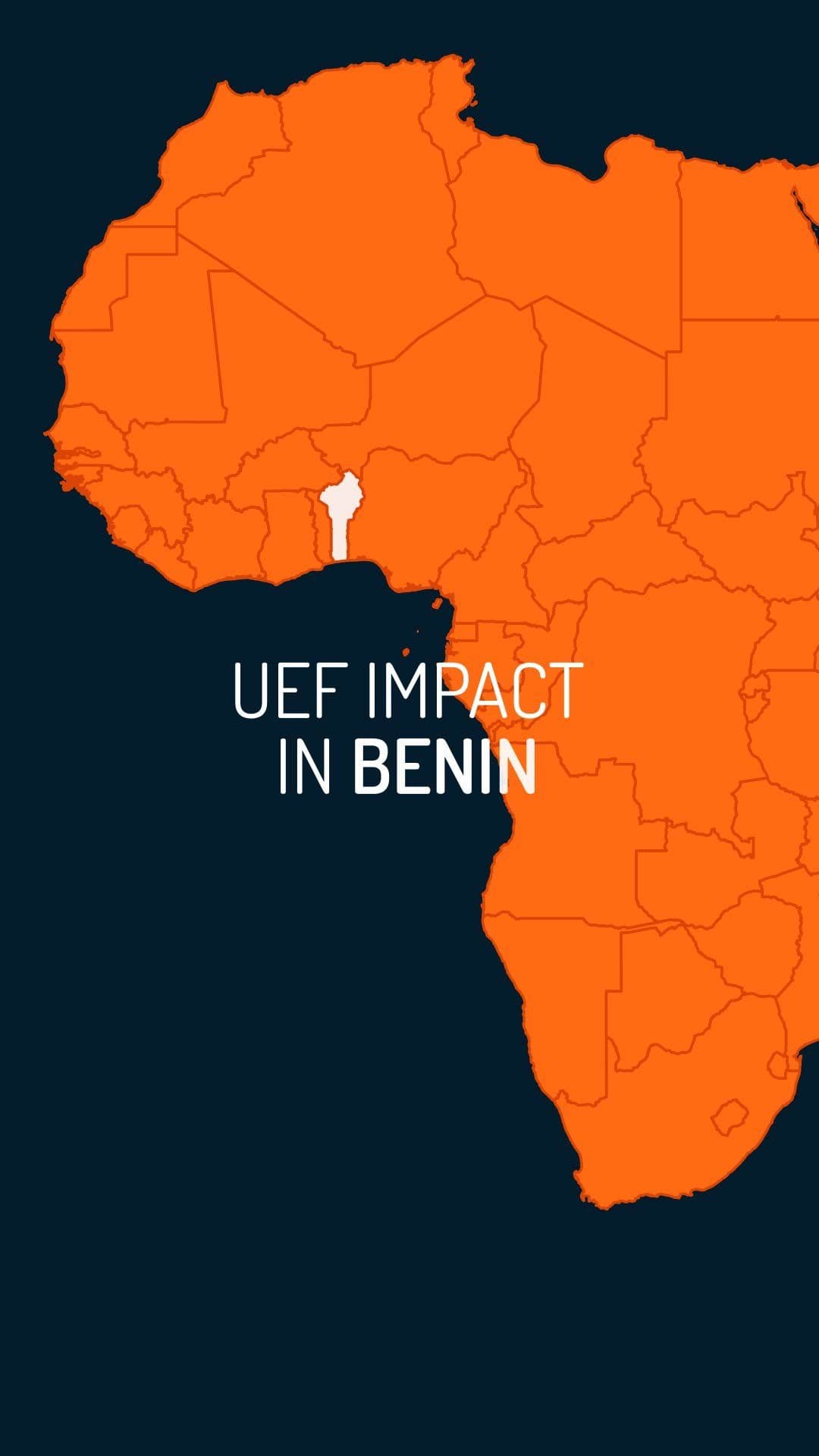 A dark graphic reading 'UEF Impact in Benin' over a map of Africa with Benin highlighted in white.