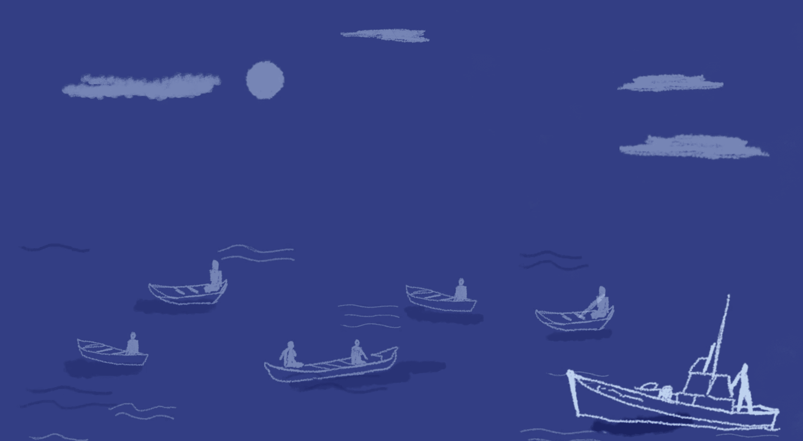 A softly illustrated night seascape in deep blue, with several small boats carrying lone figures scattered across calm water beneath a full moon and drifting clouds. A larger vessel anchors the lower right, suggesting the quiet rhythm of a fishing community at work.