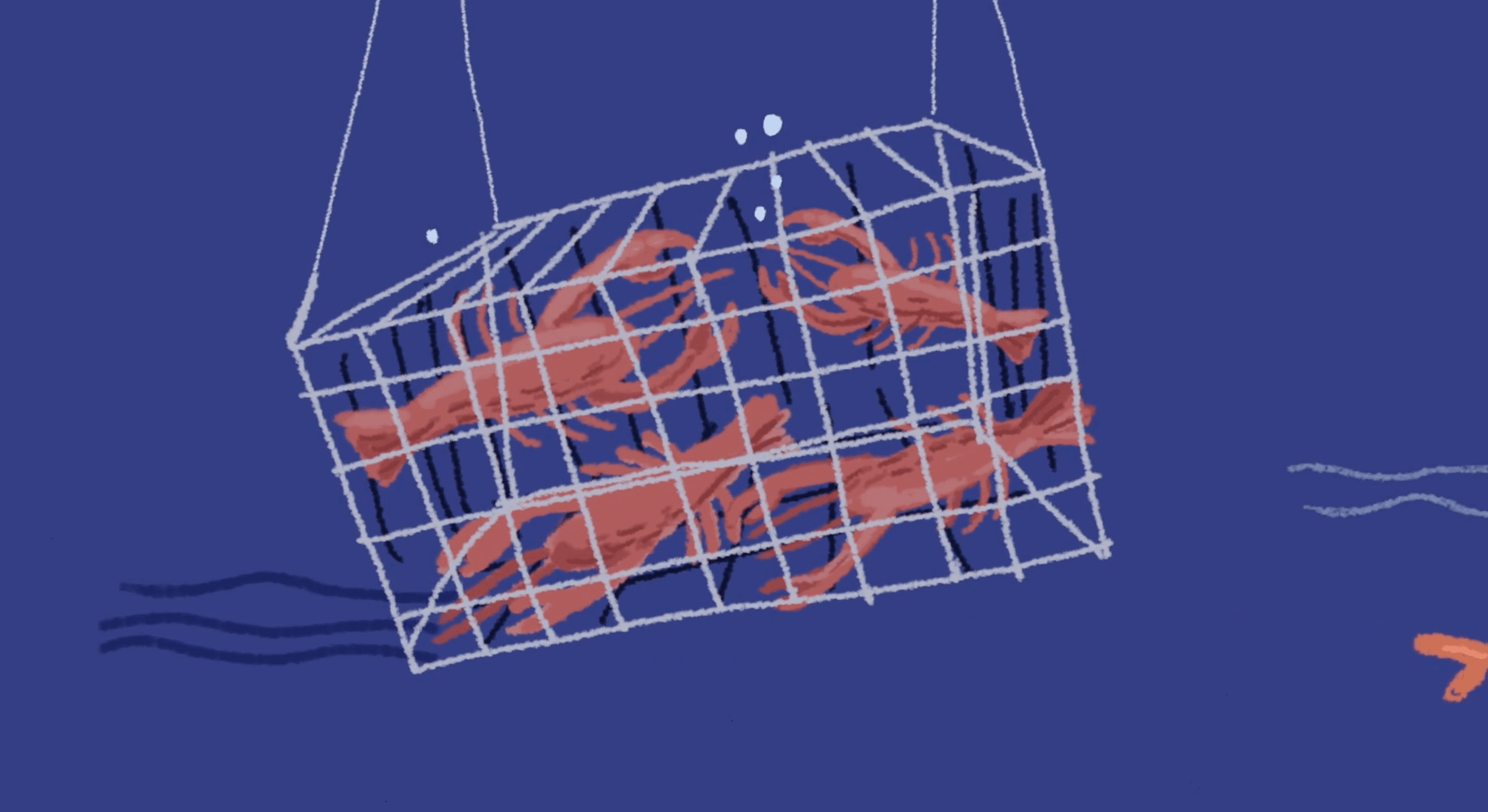 A wire trap filled with orange-red lobsters is illustrated suspended in dark blue water, trailing air bubbles upward. The deep-sea setting and the creatures packed tightly inside give the image a sense of capture and contained life.