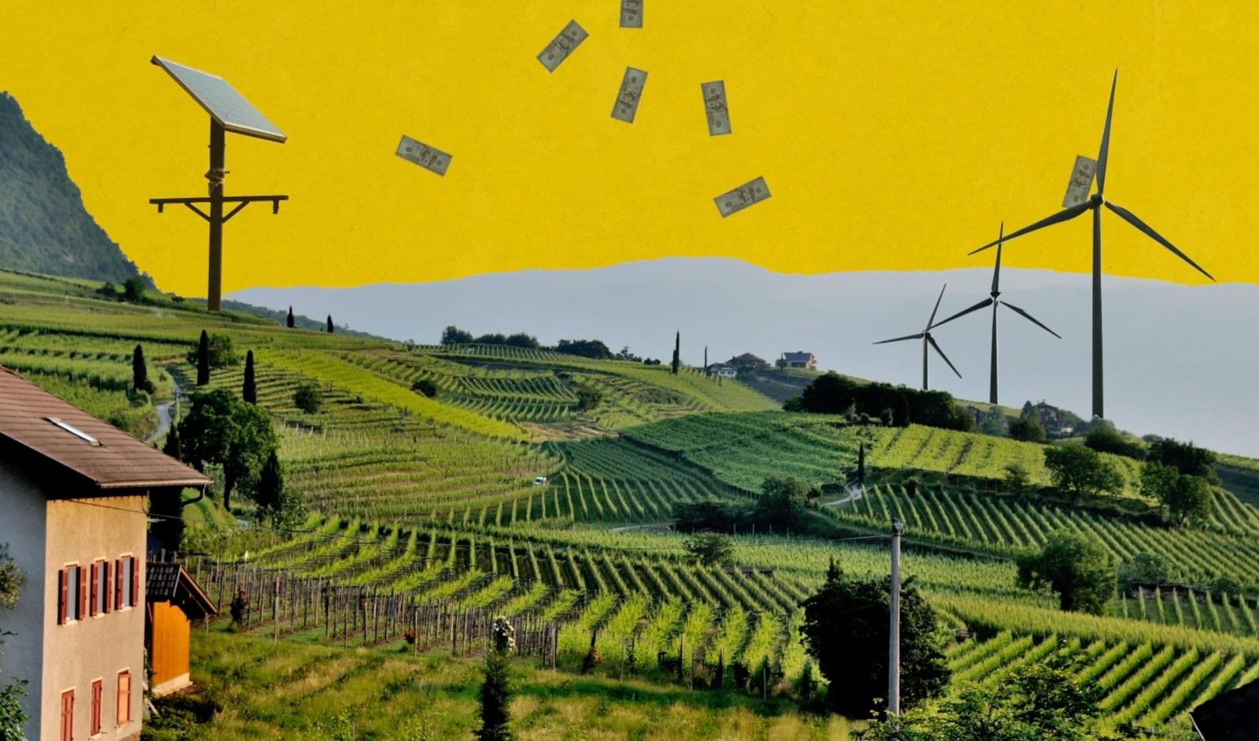 A lush green vineyard landscape stretches across rolling hills, overlaid with wind turbines and a solar panel rising from the terrain, while dollar bills drift down from a vivid yellow sky above. The collage frames renewable energy investment as something that grows naturally from the land itself.