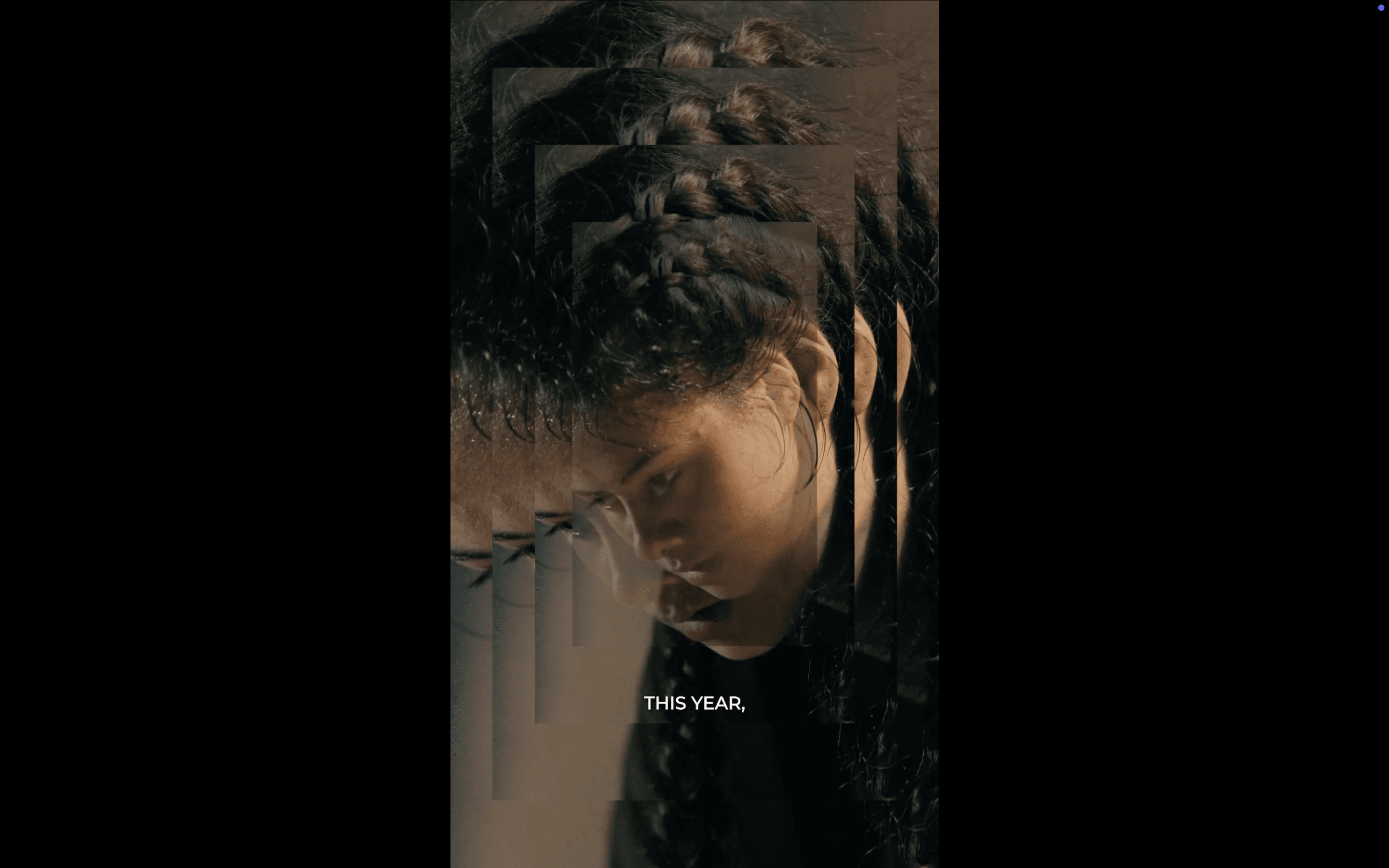 A close-up of a woman's braided hair and bowed face, repeated and layered in a glitch-effect composition that creates a sense of depth and introspection.