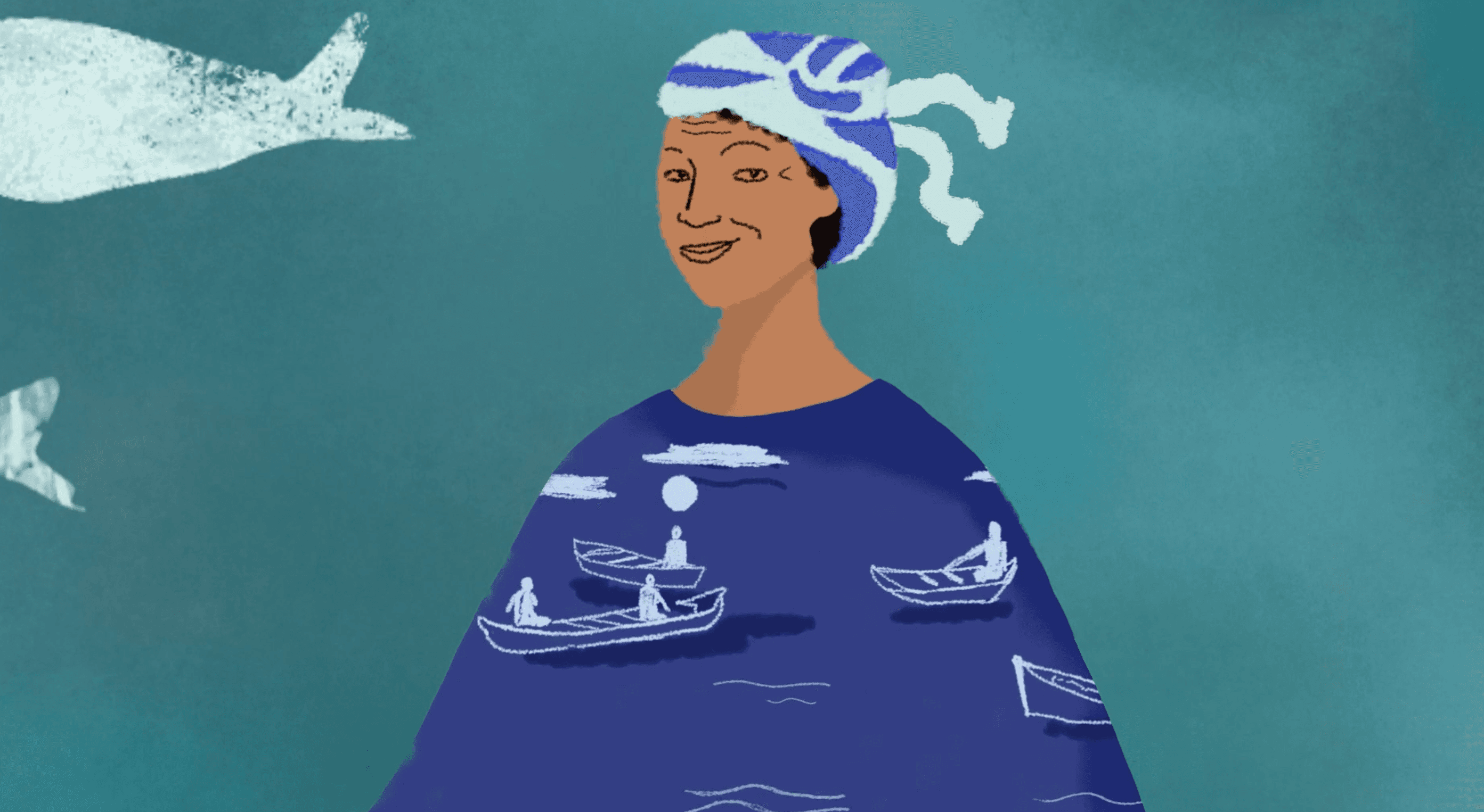 An illustrated woman in a blue headwrap and a deep blue robe smiles warmly, her garment adorned with delicate drawings of small fishing boats on open water. Ghost-like fish swim through the teal background behind her, weaving her identity into the sea itself.