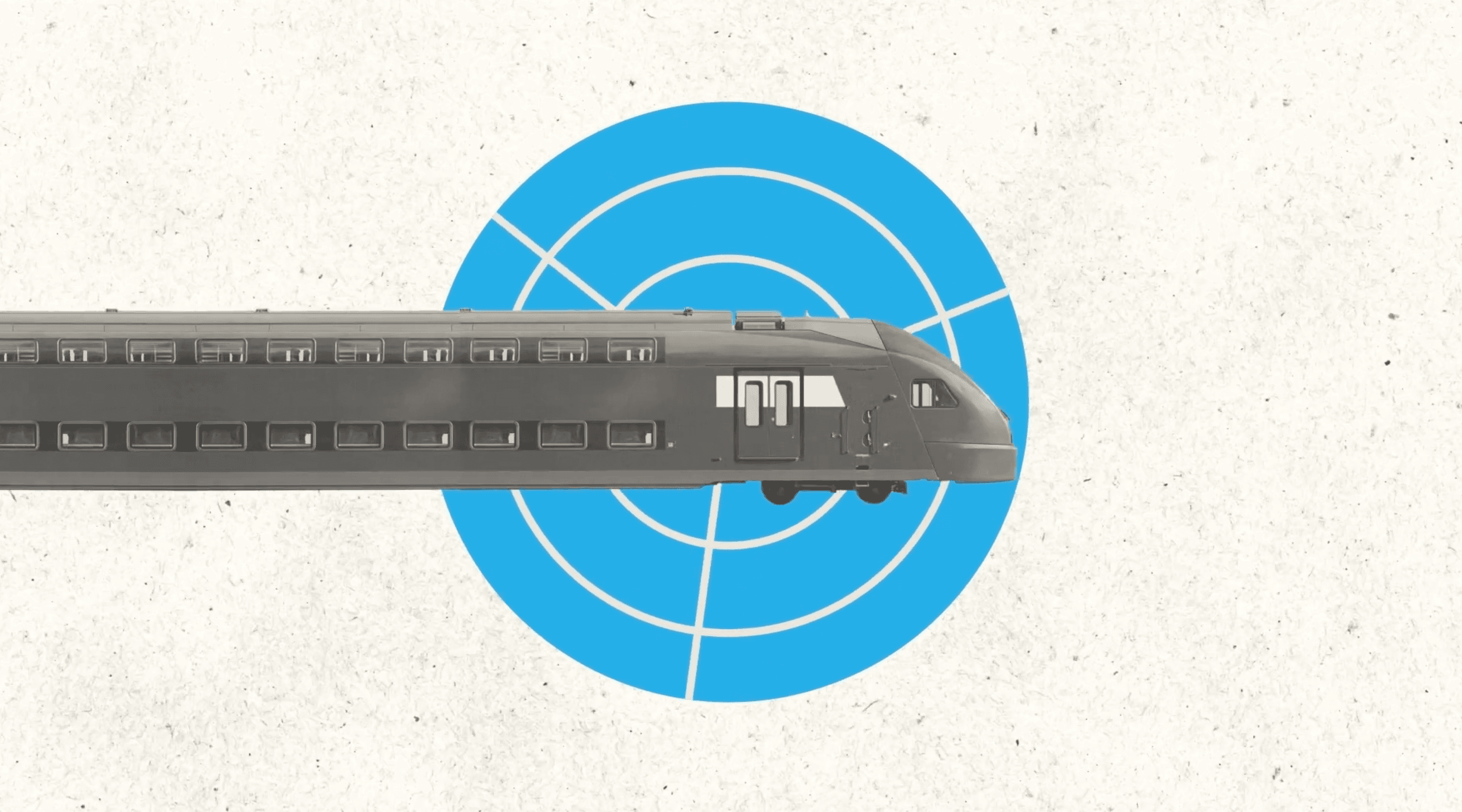 A sleek grey high-speed train is shown in profile, its aerodynamic nose pointing into a bold blue target circle overlaid on a textured cream background. The graphic composition frames the train as something to aim for, progress in the crosshairs.