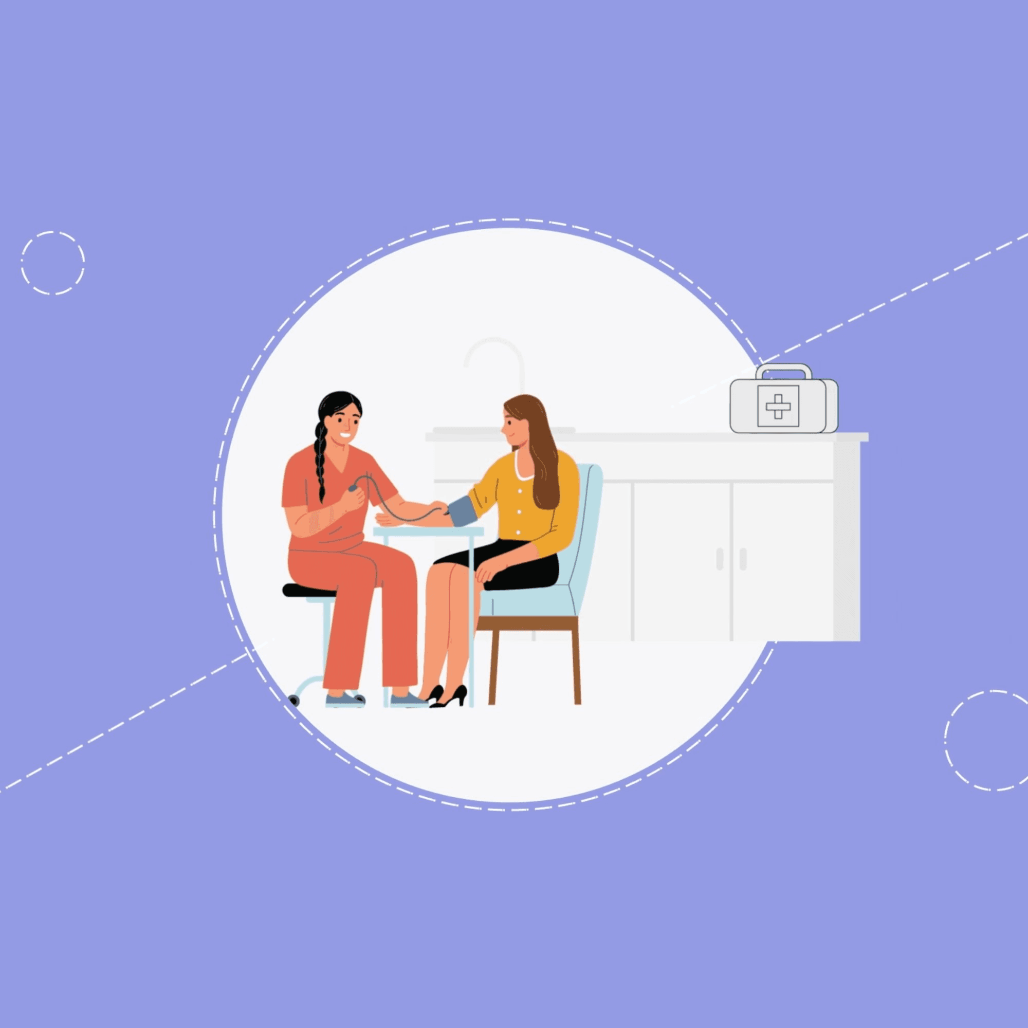 Illustration of a nurse taking a patient's blood pressure in a clinic