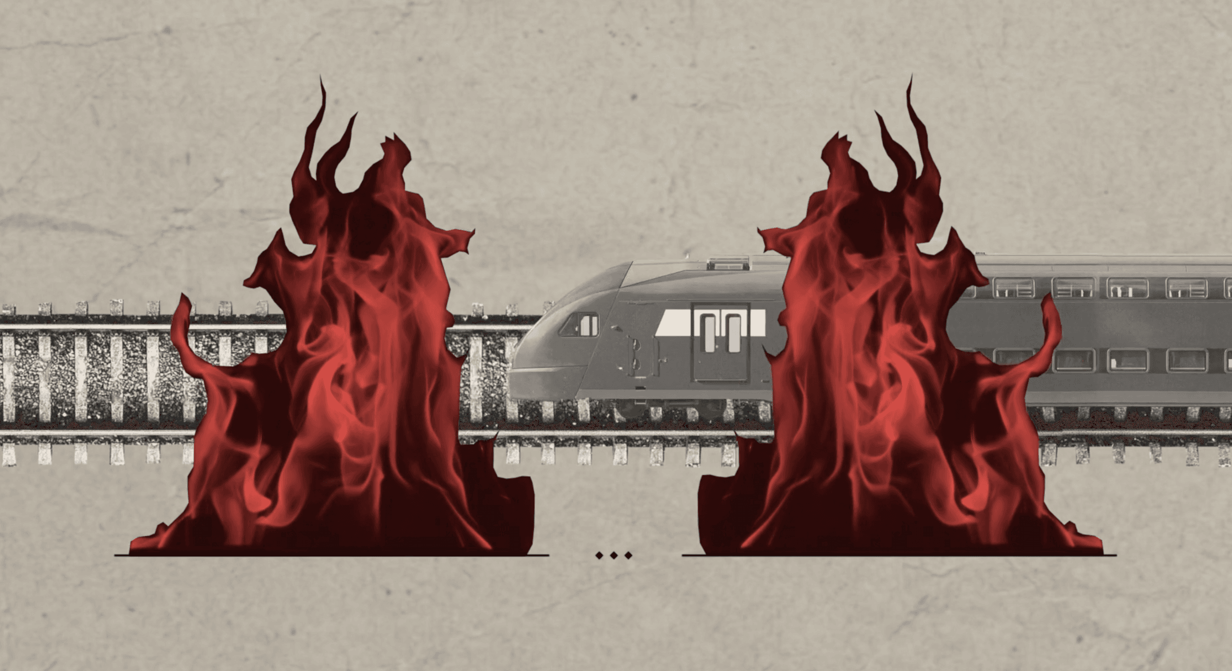 A grey high-speed train sits on a track flanked on both sides by towering columns of deep red flames against a textured beige background. The image pits the promise of modern transit directly against the visceral threat of fire and crisis.