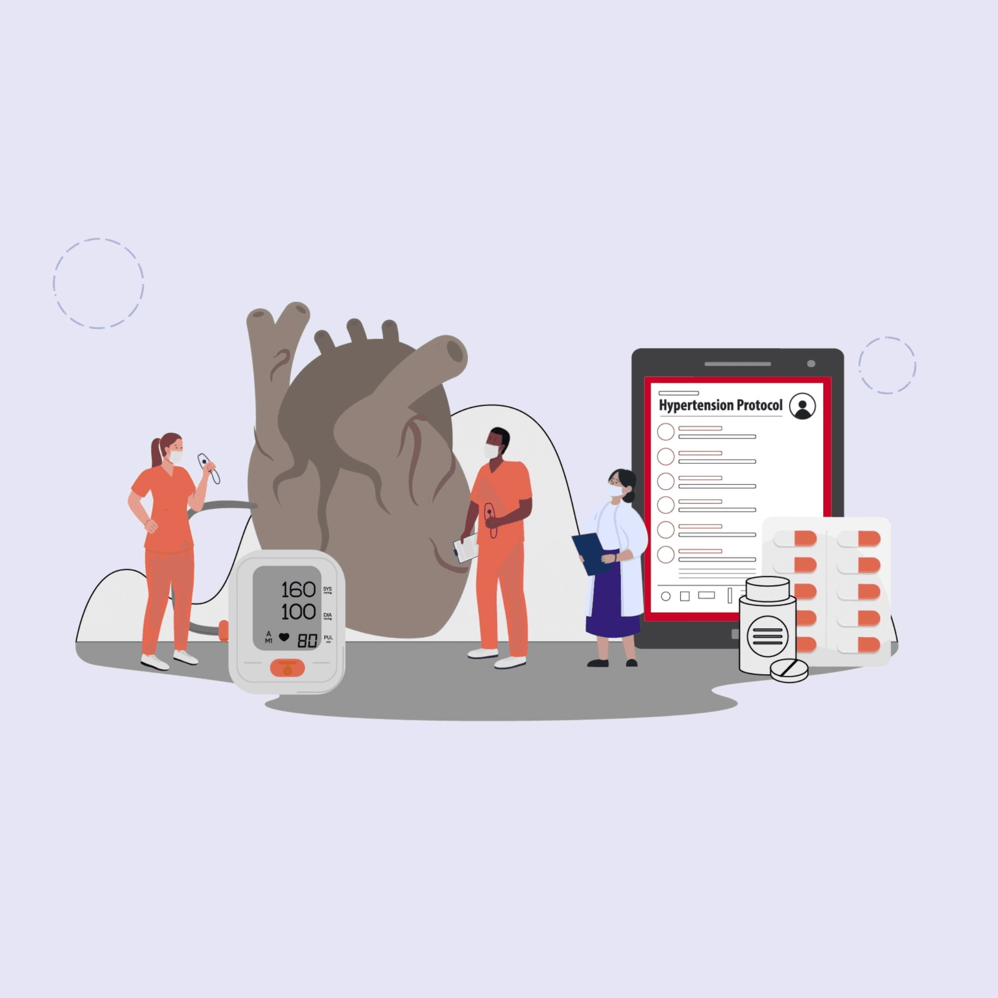Illustration of healthcare workers with a blood pressure monitor, heart, hypertension protocol checklist, and medication