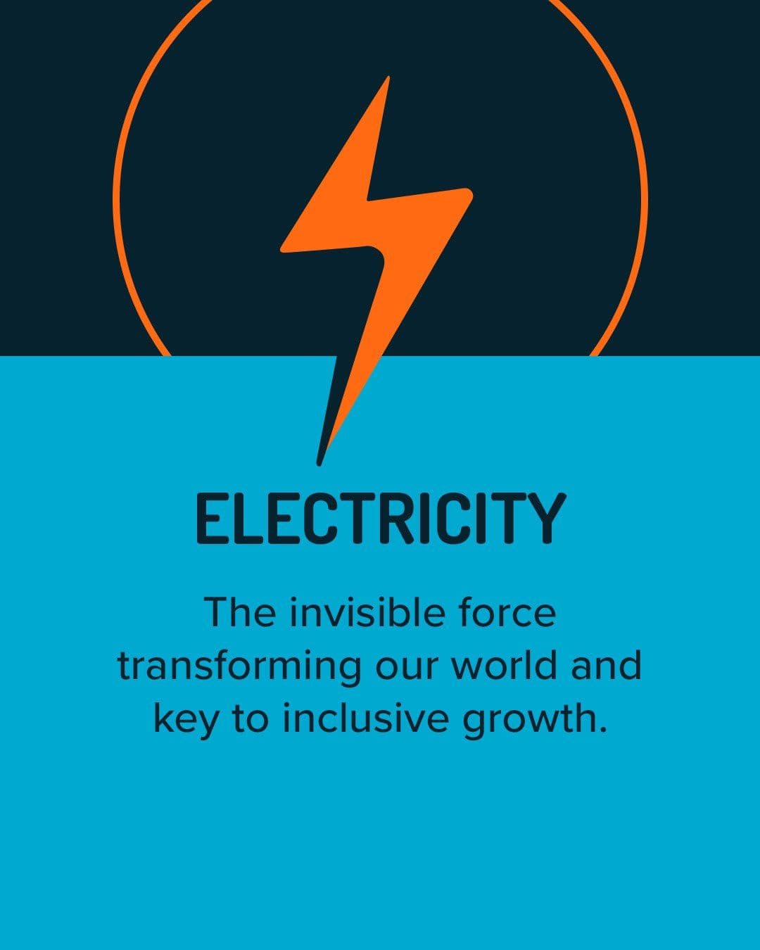 A graphic reading 'Electricity: The invisible force transforming our world and key to inclusive growth,' with a lightning bolt icon inside a circle.
