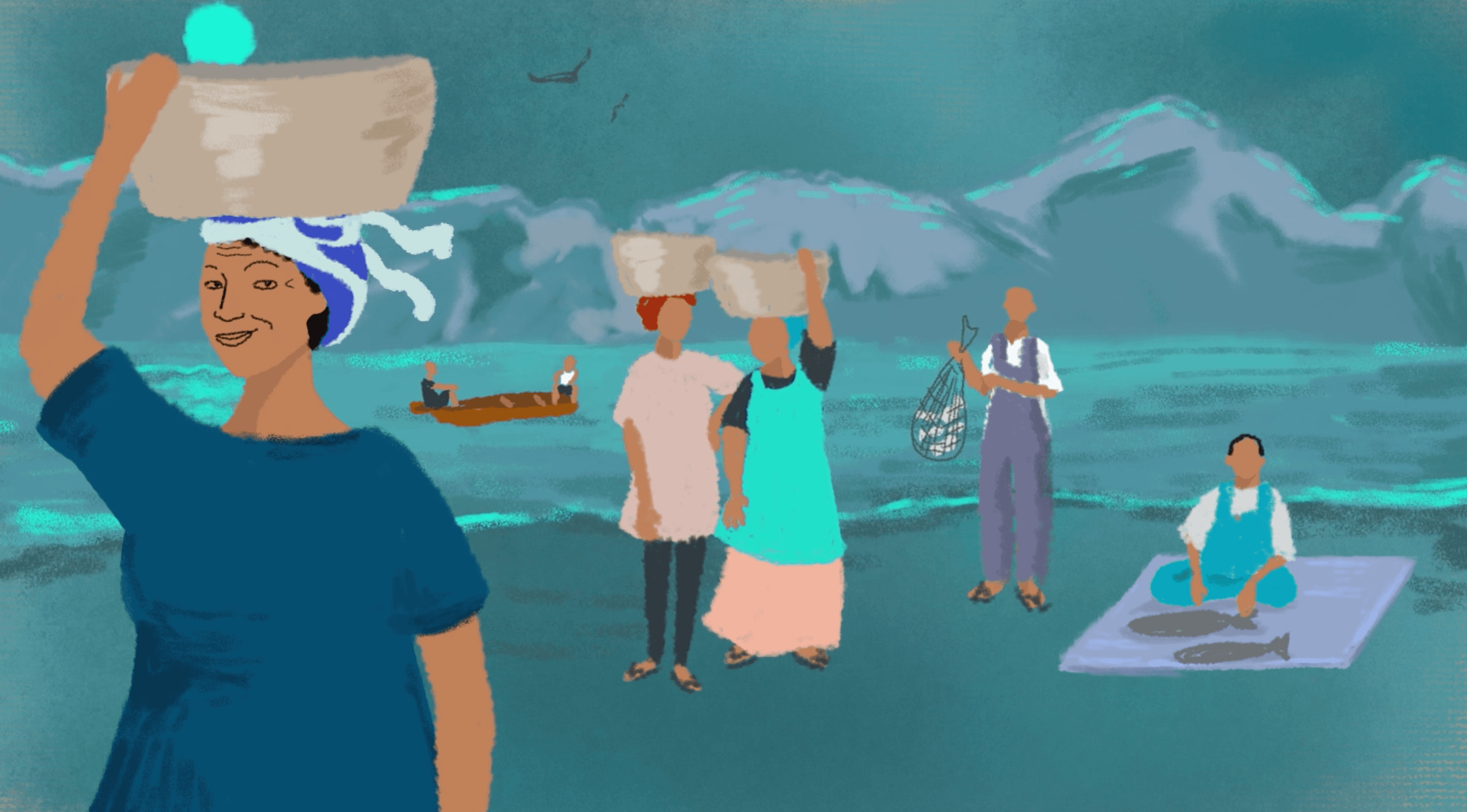 A vibrant illustrated coastal scene in teal and earthy tones, showing a smiling woman balancing a basket on her head in the foreground while fishermen and market workers go about their labour along the shore. The scene pulses with the energy of a living, working community.
