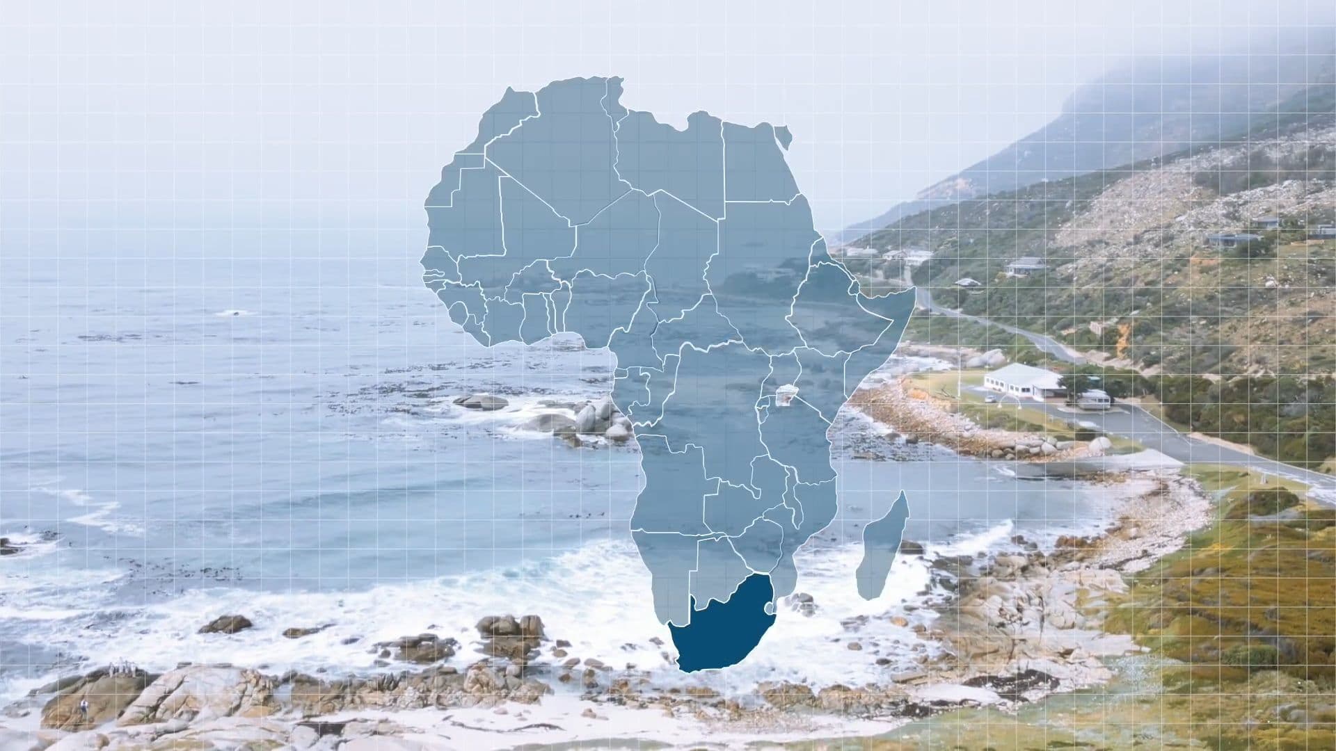A title graphic highlighting South Africa on a map of the continent, overlaid on footage of the coastline.