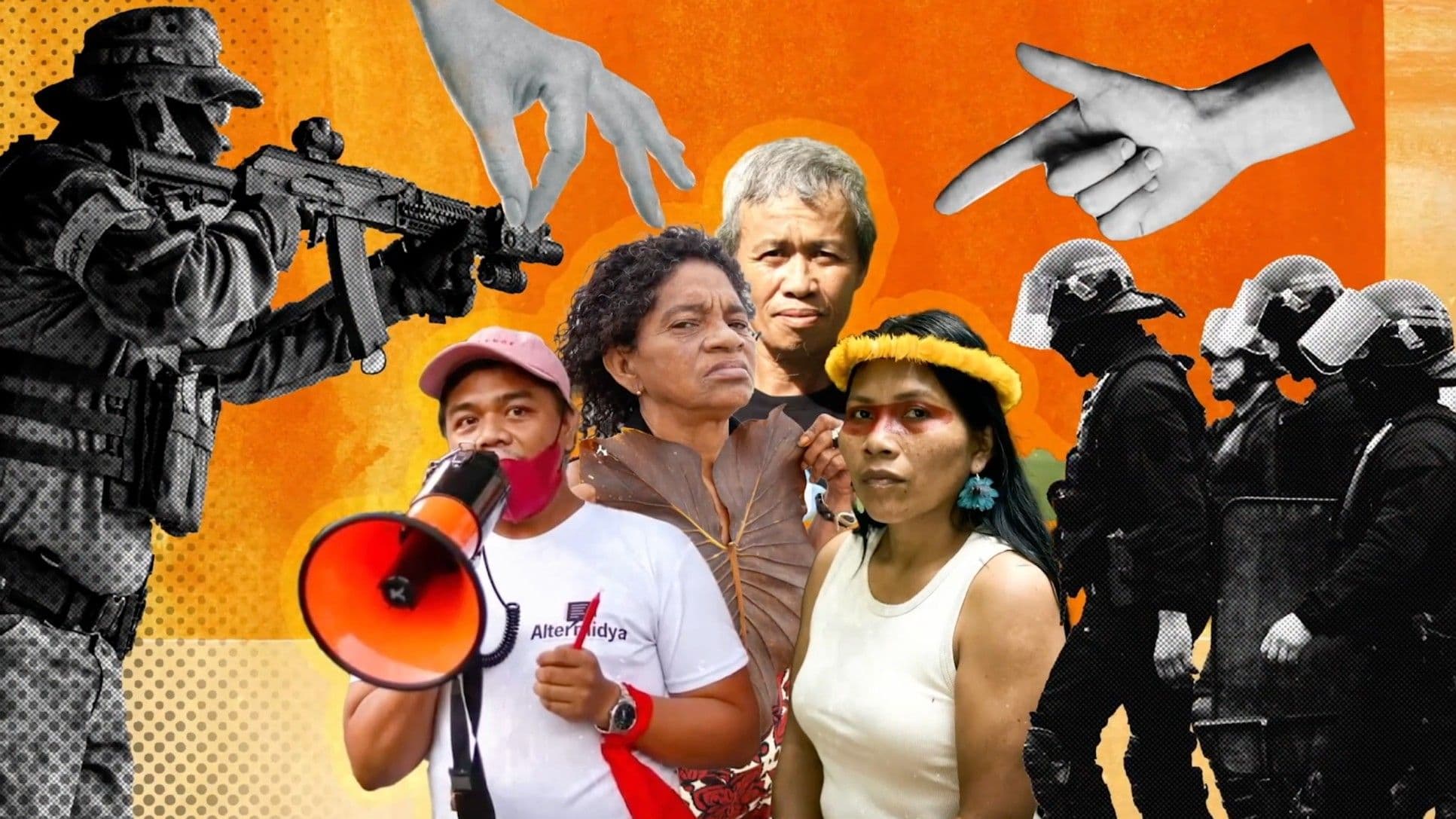A vibrant collage places four environmental defenders, including an Indigenous woman with traditional face paint and a young man speaking into a megaphone, at the centre of the frame, flanked on either side by armed soldiers and riot police rendered in grey halftone. Pointing hands descend from above, making the threat surrounding the defenders viscerally clear.