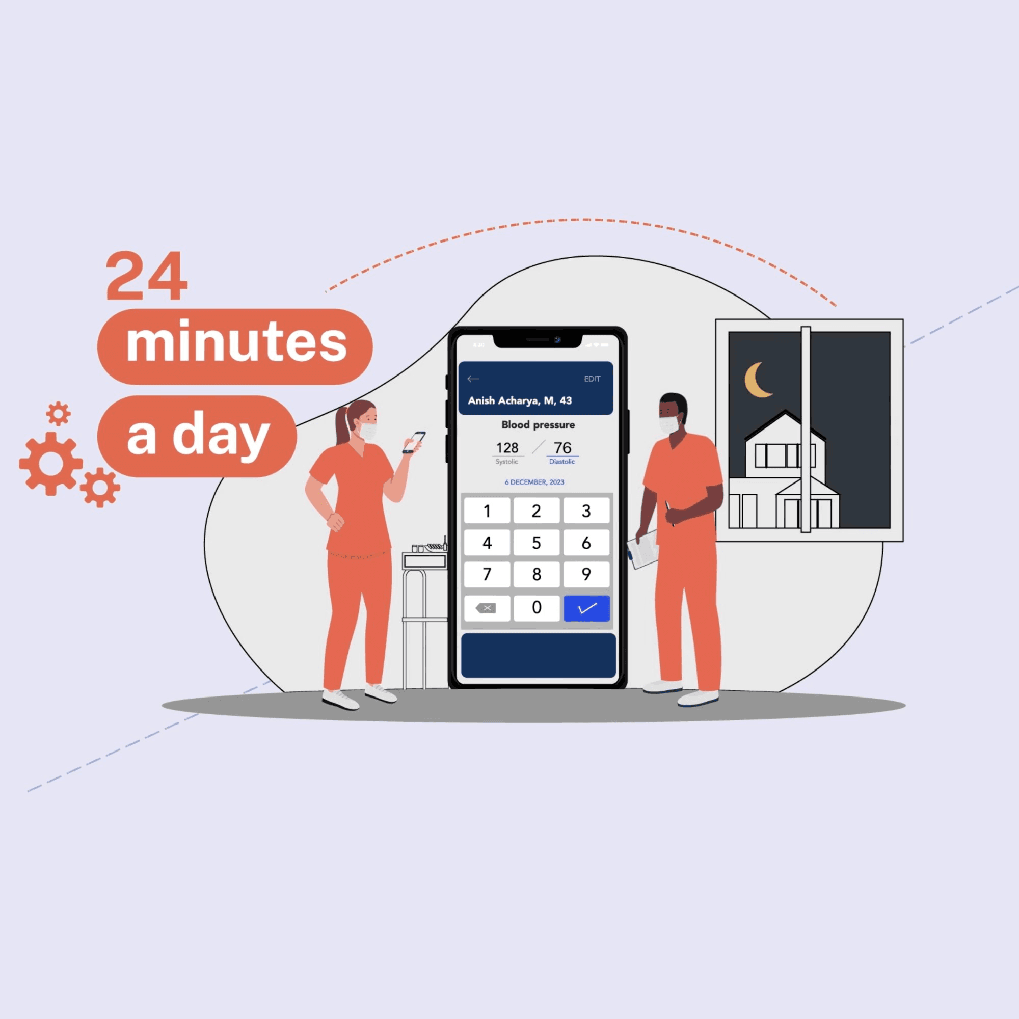 Illustration of two masked healthcare workers in orange scrubs standing beside a large smartphone displaying a blood pressure data entry screen and numeric keypad, with a "24 minutes a day" badge and a small window showing a mosque under a crescent moon