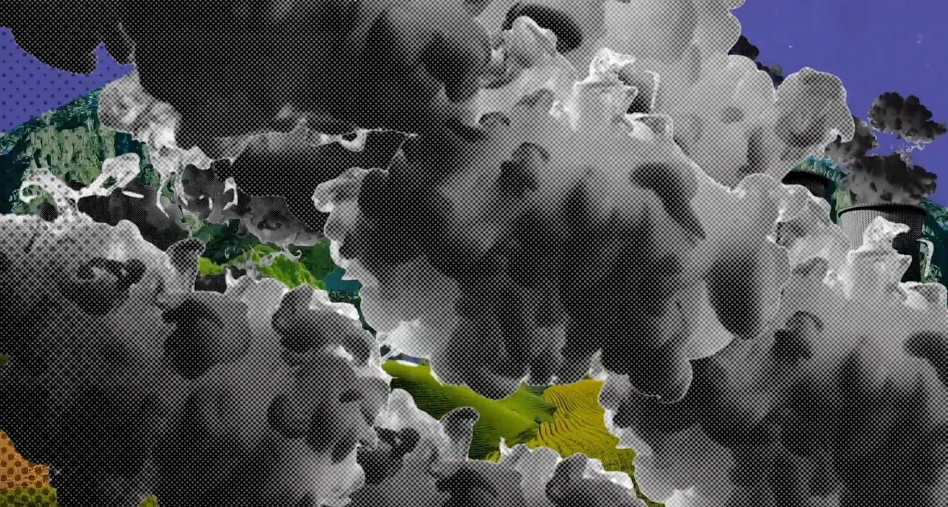 A collage of billowing grey and black smoke clouds almost entirely engulfs a landscape of vivid green islands and yellow farmland, with only small fragments of colour visible beneath. The contrast between the smothered land and the thick industrial haze is suffocating in its scale.