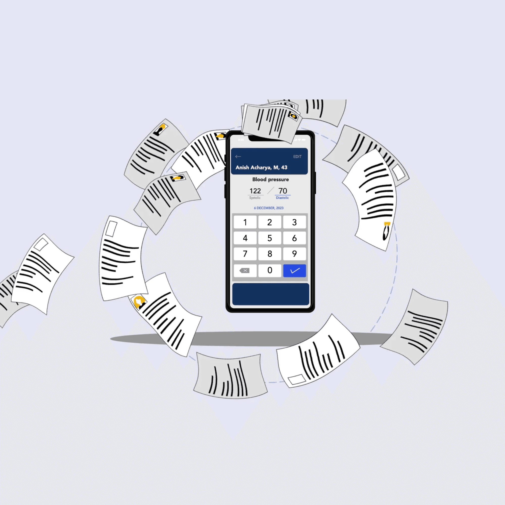 Illustration of a smartphone displaying a blood pressure data entry screen at the centre of a swirling ring of loose paper documents, evoking the shift from paper records to digital data