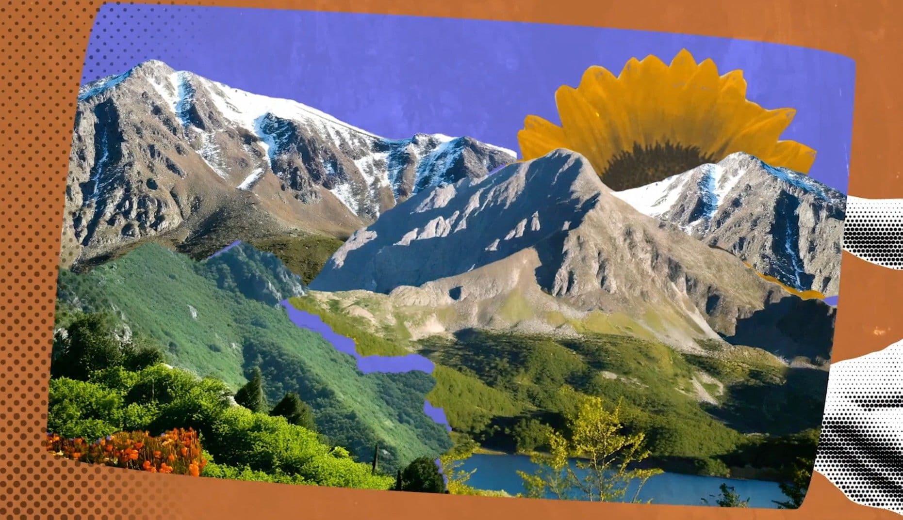 A vivid collage photograph of snow-capped mountain peaks rising above lush green foothills and a bright blue lake, with a large sunflower bursting into the upper right corner. Set against a warm terracotta background, the image is a layered celebration of natural abundance.