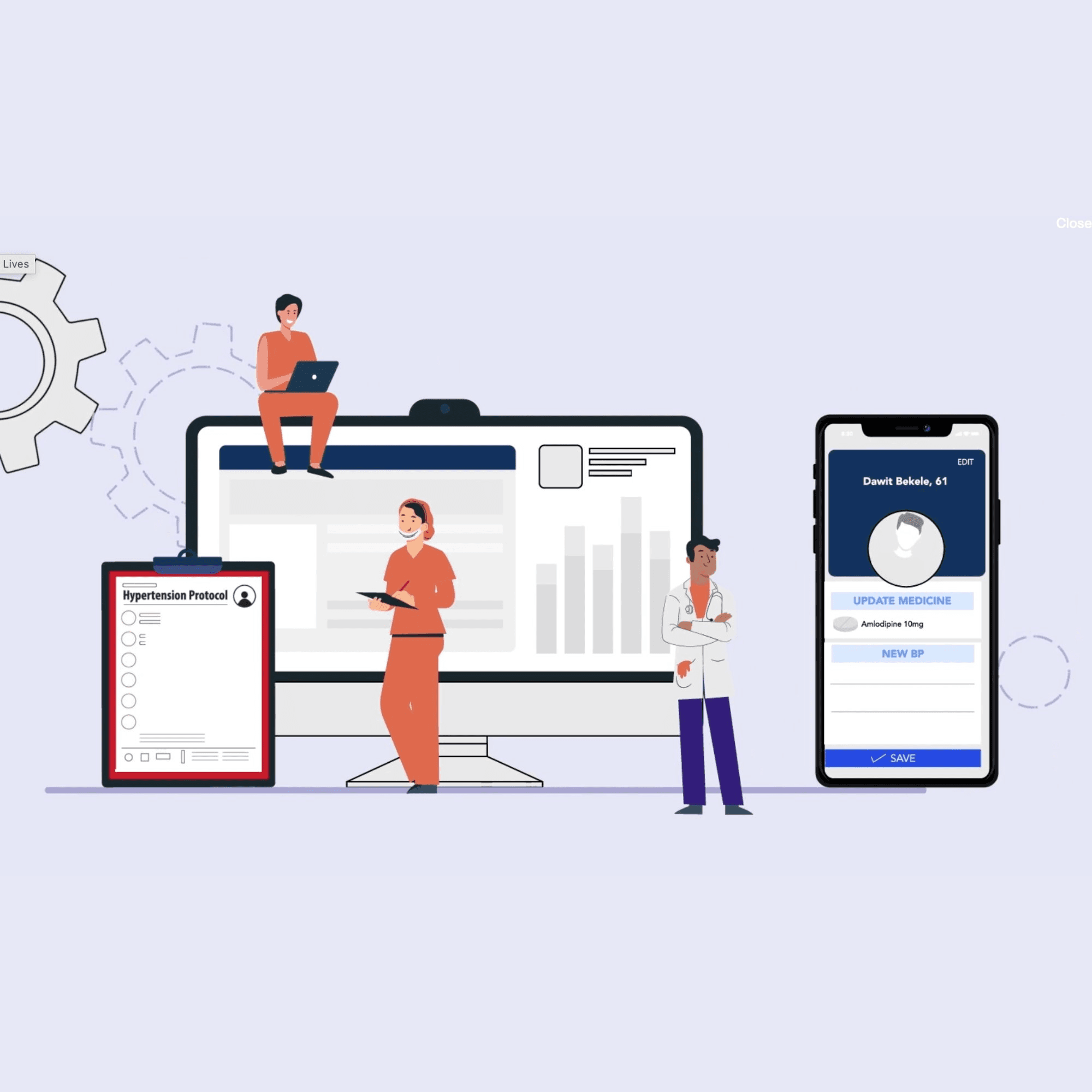Illustration of three healthcare workers gathered around a large desktop monitor displaying a data dashboard, flanked by a tablet showing a hypertension protocol checklist and a smartphone showing a patient's medicine update screen