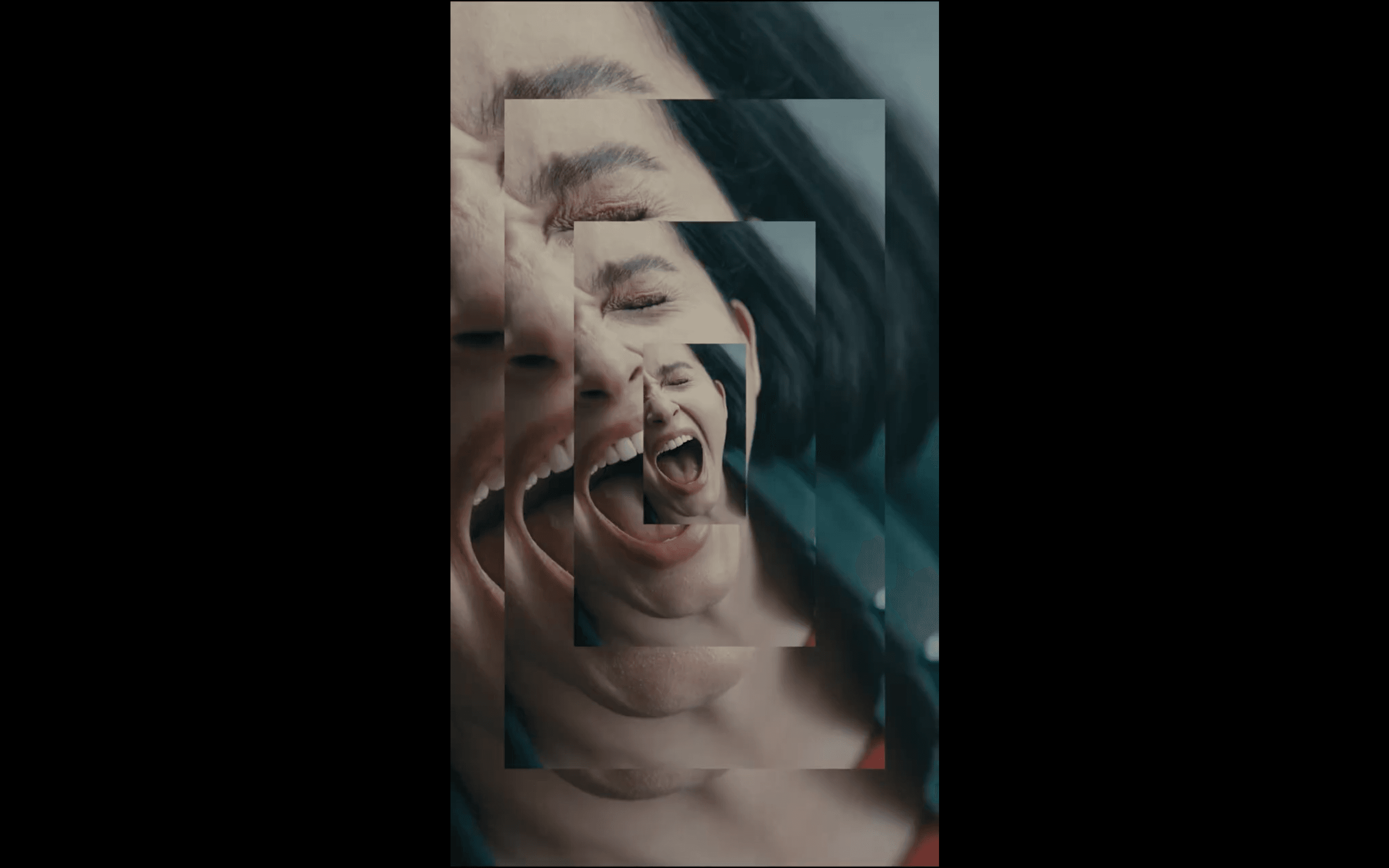 A cinematic close-up of a woman's face mid-shout, duplicated and layered in a fragmented, glitch-style composition that amplifies the raw intensity of the moment. The overlapping frames create a visceral sense of emotional force and release.